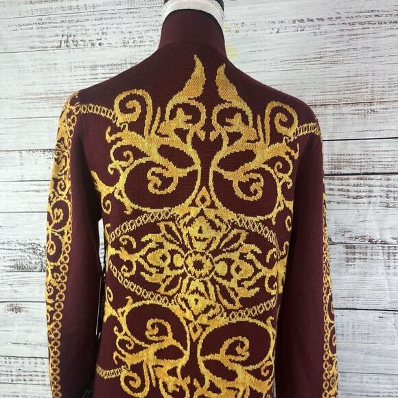 Vertigo Paris Gold Burgundy Motif Wool Open Front Long Cardigan Duster sz Small - Picture 16 of 16
